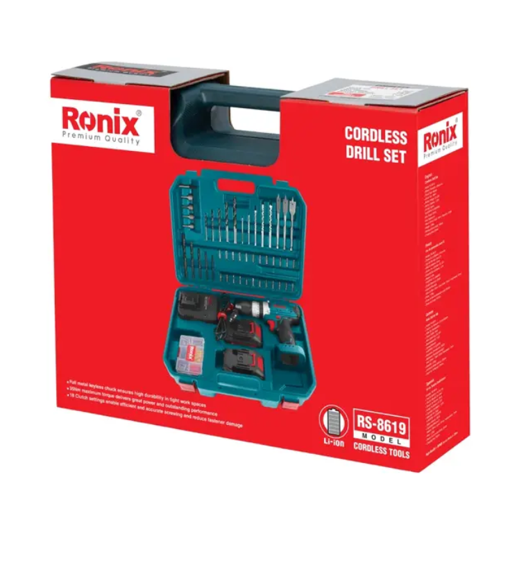 کیت دریل شارژی 20 ولت دو باتری 53 پارچه رونیکس مدل RS-8619